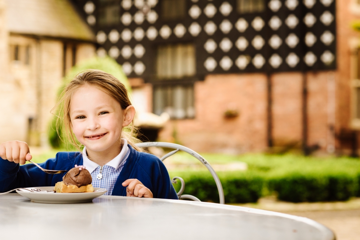 Enjoy a scrumptious treat in the courtyard at Samlesbury Hall
