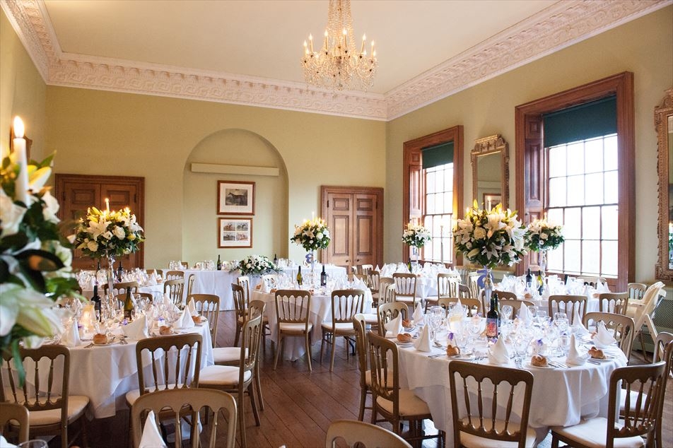 The Ballroom set for for an evening reception, with the head table framed by the alcove.