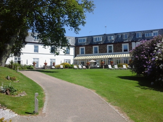 View of the Budock Vean Hotel garden and sun terrace