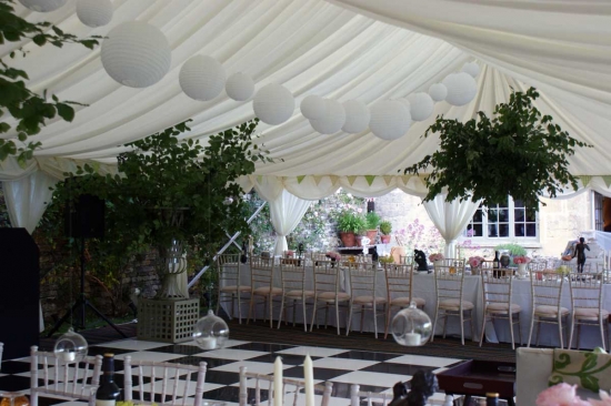 Clearspan Marquee, Black and White Dancefloor, Paper Lanterns