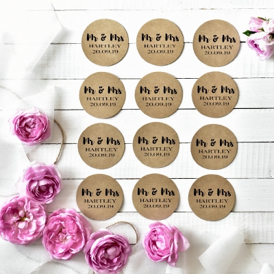 Personalised wedding stickers in kraft brown or glossy white