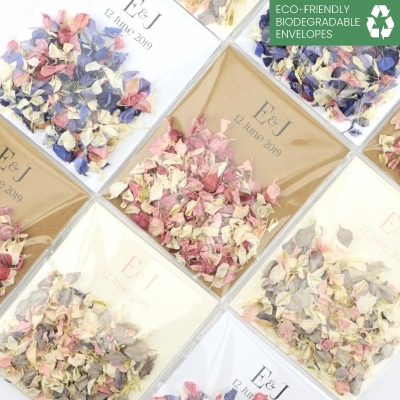 Personalised envelopes with recycled backing cards presented in compostable envelopes